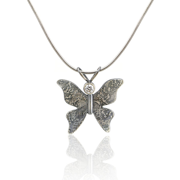 Textured dark silver butterfly necklace CZ