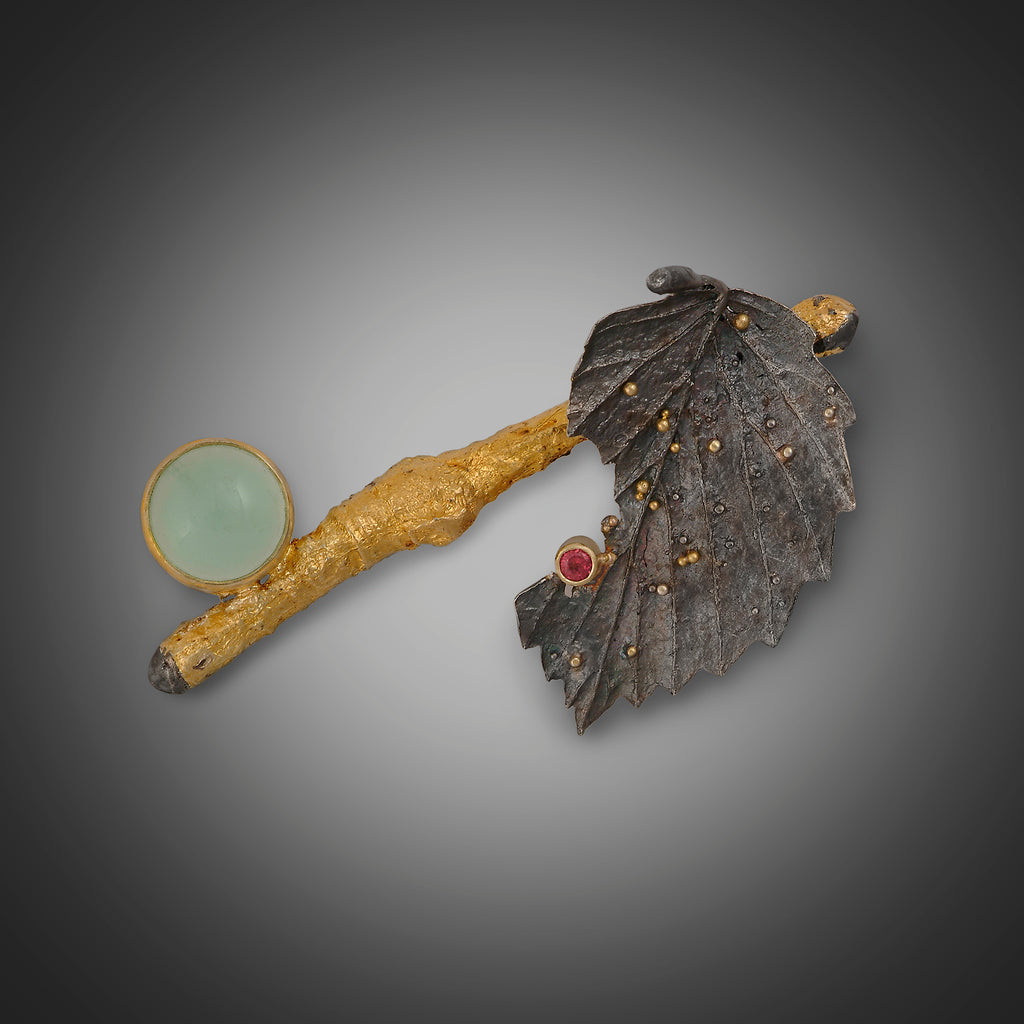 Keum bu leaf brooch with Peruvian Blue Opal and ruby